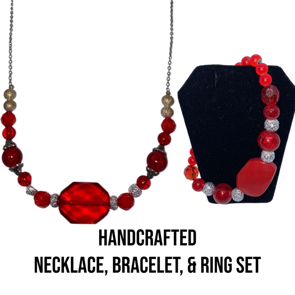 Handcrafted Beaded Necklace, bracelet, and ring set Red and Silver size 6